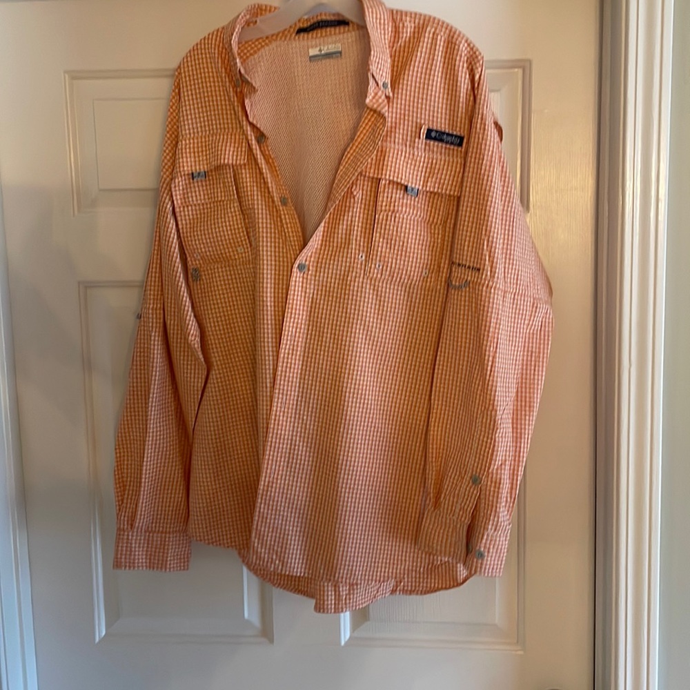 Orange and white Columbia PFG fishing shirt